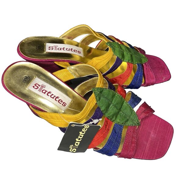 NWT Vintage Statutes Sandals 80s 90s Rainbow Fabric Strappy 3" Block Heel Size 9 - Picture 1 of 7